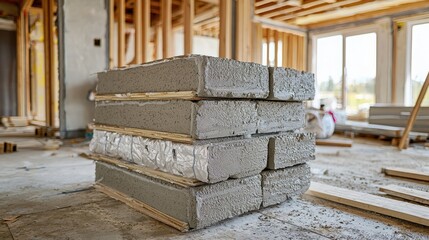 Construction materials stacked in unfinished building interior during daytime