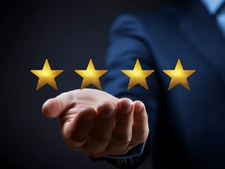 Customer evaluation feedback.men in suit Giving Positive Review for Client's Satisfaction Surveys.giving a Faur star rating. Service rating, satisfaction concept.