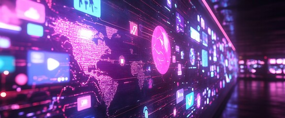 A digital representation of a global network with interactive icons and data.