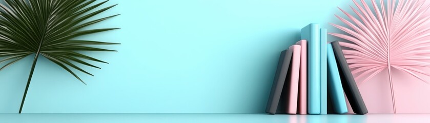 Obraz premium Stylish interior decor featuring colorful books and tropical leaves against a pastel blue background, perfect for modern home design and lifestyle imagery.