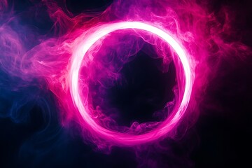 Neon circle on dark background with smoke and fog.
