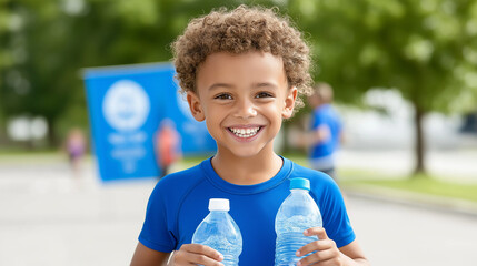Children happily pass bottled water during a warm day at a local community event
