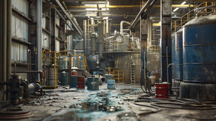 Industrial Setting with Paint Spraying Tools: A collection of advanced paint spraying tools arranged in an industrial workspace, showcasing streamlined processes in manufacturing.