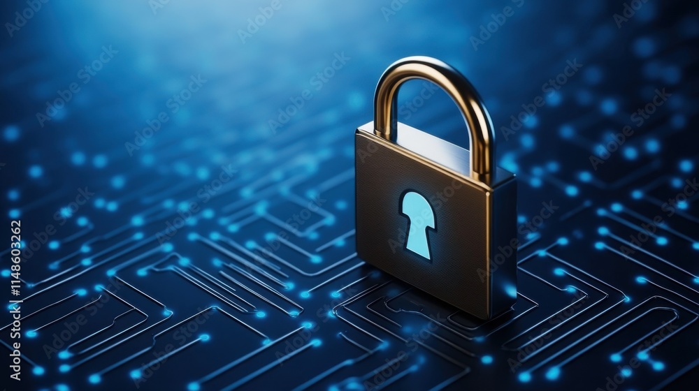 Poster digital security lock on circuit board background in blue tone for cybersecurity concept representat