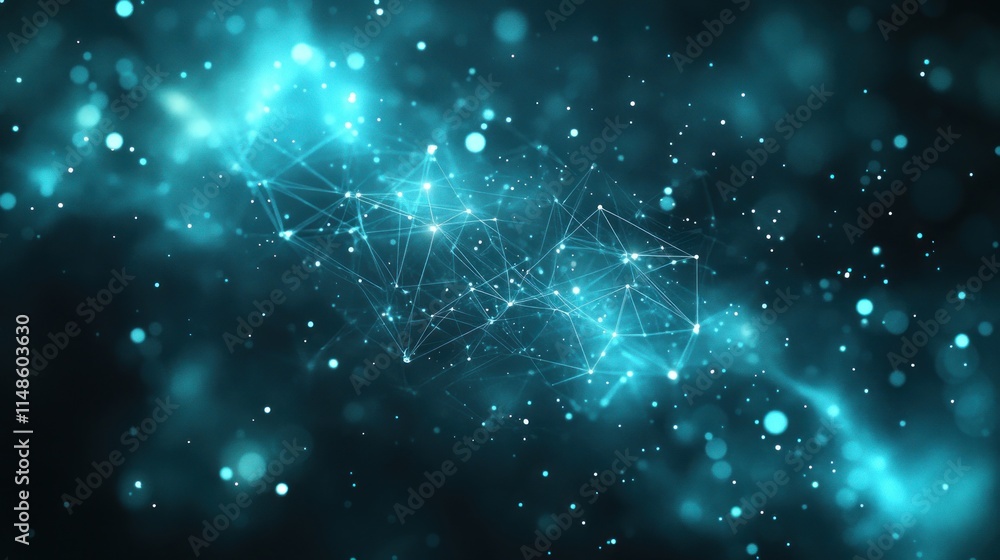 Poster abstract glowing blue particles and plexus network.