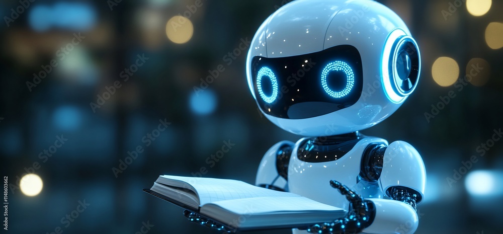 Poster a futuristic robot holding an open book, symbolizing knowledge and learning.