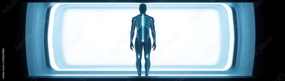 Poster futuristic human figure with visible anatomy in a glowing environment emphasizing health, technology