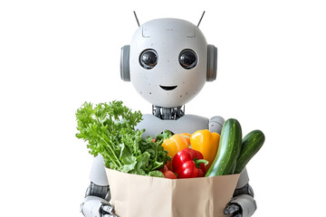 A futuristic robot holding a bag of vegetables isolated on a white  background