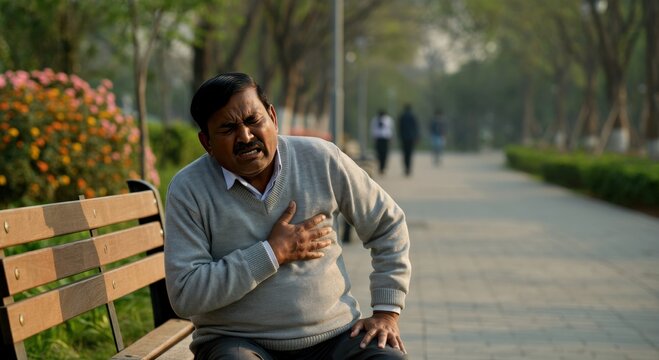 Middle-aged indian man experiencing chest pain on a park bench in urban setting - Powered by Adobe