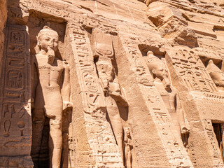 Stone carvings at the entrance of the Temple of Nefertari, Abu Simbel, Egypt - Lateral shot