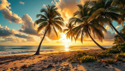 Spectacular Sunset at Tropical Beach Paradise: Palm Trees Silhouette Against Vibrant Sky