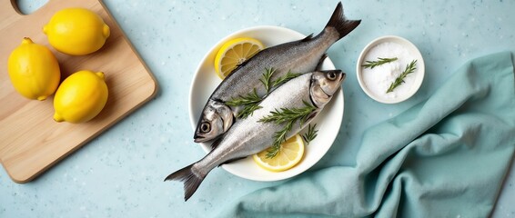 Two raw whole fish prepared for cooking, garnished with fresh lemon slices and rosemary sprigs, displayed on a white dish with additional ingredients on a light blue background.


