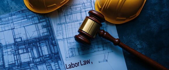 A gavel on labor law documents with construction plans and hard hats.