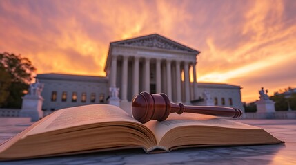 A gavel rests on an open law book in front of a courthouse at sunset.