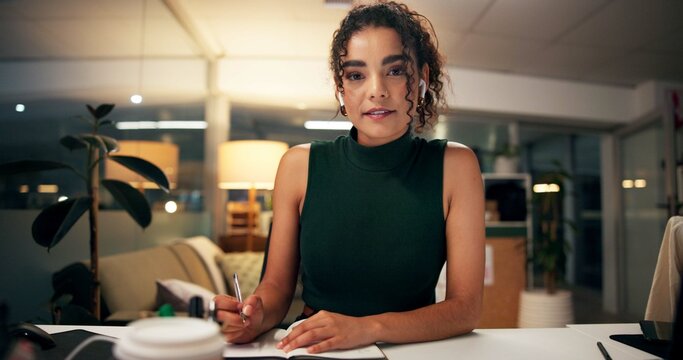 Business woman, portrait or night with video call for webinar, online conference or workshop at office desk. Face, female person or journalist in POV for virtual class, seminar or course at workplace - Powered by Adobe