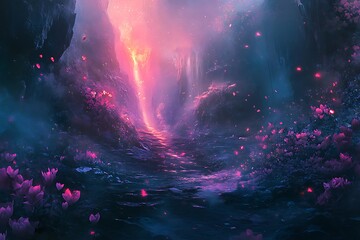 Magical Pink Flowers Bloom Along Mystical Gorge Path