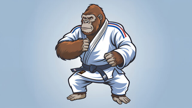 Gorilla judoka wearing judo kimono judogi, comics cartoon illustration of Japanese martial arts karate, jiu-jitsu