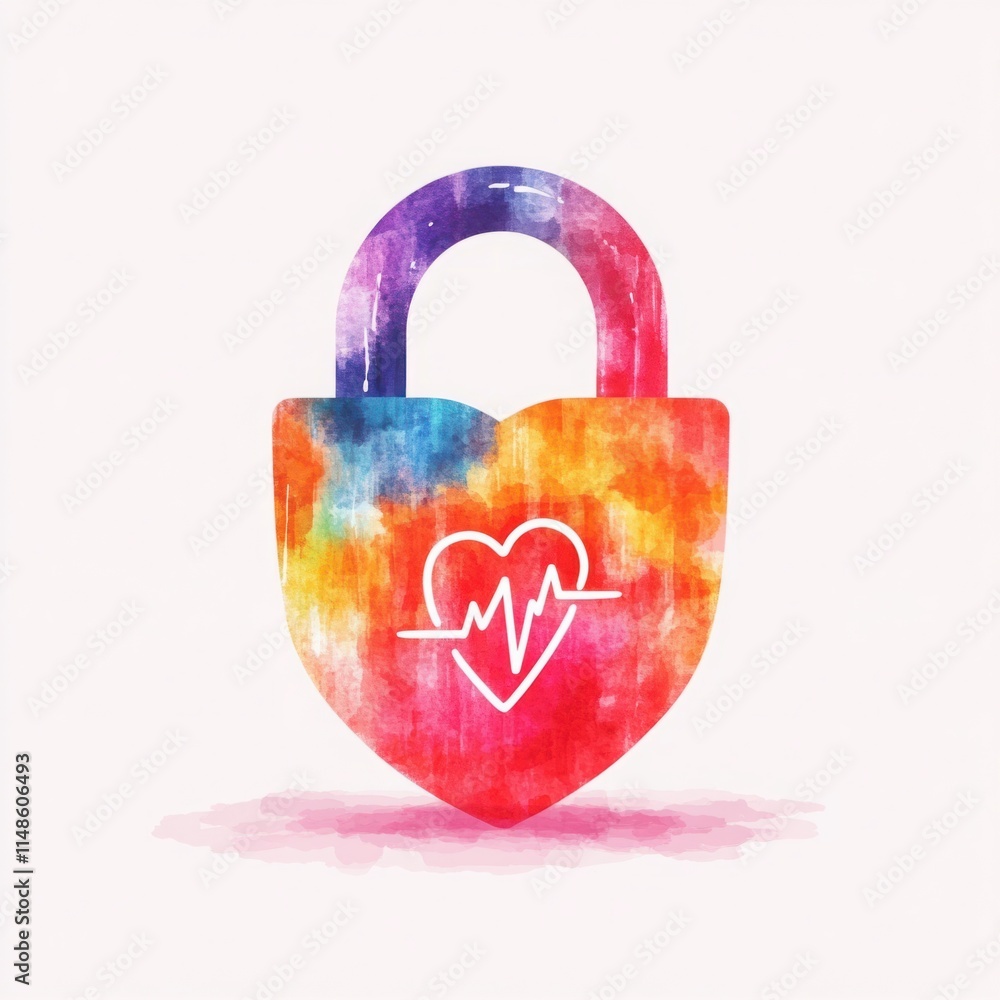Poster vibrant abstract illustration of a heartbeat symbol encased in a colorful padlock representing healt