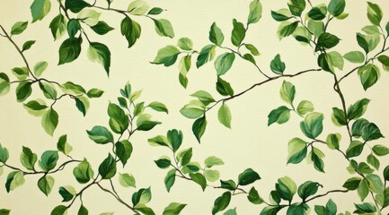 Obraz premium Light green and white small leaves pattern on a cream background.