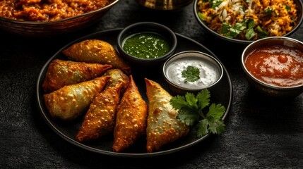 Delicious Indian Samosas with Dips Curries