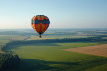 Obraz premium A colorful hot air balloon gliding through the sky over rolling green fields aerial view nature photography serene landscape captivating outdoor adventure