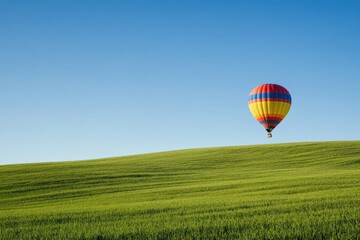 Obraz premium A colorful hot air balloon floating high in the sky over lush green fields aerial view nature photography bright daylight peaceful environment