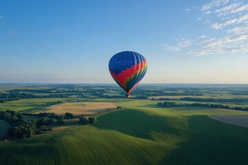 Obraz premium A colorful hot air balloon floating high in the sky over rolling green fields aerial view nature photography vibrant landscape tranquil environment