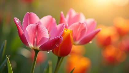 Fototapeta premium Beautiful tulips in pink and orange with sparkling dew under warm sunlight in garden 