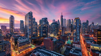 Obraz premium City skyline illuminated at dusk, showcasing vibrant colors and architectural wonders under a dramatic sky