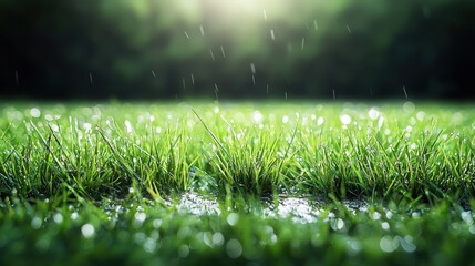 Freshly watered grass glistening after a gentle rain on a sunny afternoon