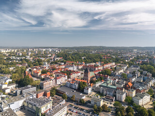 Summer skyline cityscape of Koszalin, West Pomerania (Zachodniopomorskie), Poland. Aerial panoramic view of Old Town square (Koszaliński Rynek Staromiejski) with Town Hall (Ratusz) and Cathedral