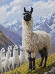 A majestic llama stands proudly in the mountains, surrounded by a group of llamas against a picturesque landscape.