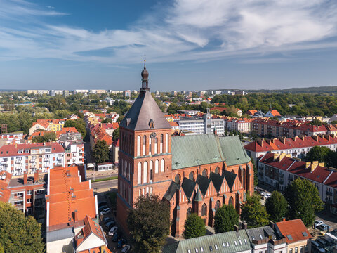 Summer skyline cityscape of Koszalin, West Pomerania (Zachodniopomorskie), Poland. Aerial panoramic view of Cathedral (Katedra Niepokalanego Poczęcia NMP w Koszalinie)