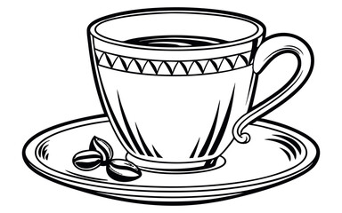 A detailed black and white illustration of a teacup filled with liquid, placed on a saucer with two coffee beans beside it. Ideal for use in coffee shop menus, tea-related articles, or vintage design 