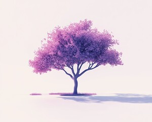 Obraz premium Minimal purple tree illustration on white background, soft watercolor-style tree with peaceful shadow and pastel concept for creative nature design