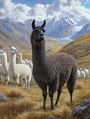 A majestic llama stands among its herd in a stunning mountain landscape, showcasing nature's beauty and tranquility.