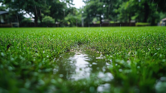 Rain falling on lush green grass creating puddles in a tranquil backyard setting