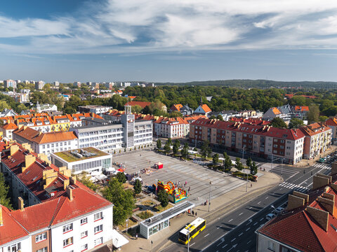 Summer skyline cityscape of Koszalin, West Pomerania (Zachodniopomorskie), Poland. Aerial panoramic view of Old Town square (Koszaliński Rynek Staromiejski) with Town Hall (Ratusz) and Cathedral