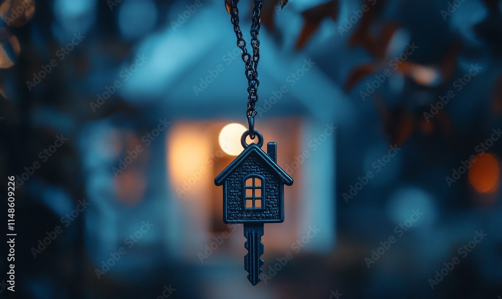 Poster a key shaped like a house hangs in front of a softly lit home.