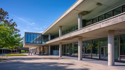 Modern architecture reflects nature's tranquility at the cultural center during a sunny afternoon