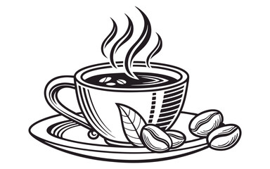 Detailed black and white illustration of a steaming coffee cup on a saucer with coffee beans and a leaf. Ideal for cafe branding, coffee-related content, or menu designs.