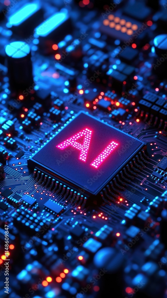 Poster Close-up view of circuit board. AI tech displayed on microchip. Digital tech concept. Electronic components glowing vibrant colors. Future tech illustration. Advanced tech concept. Artificial