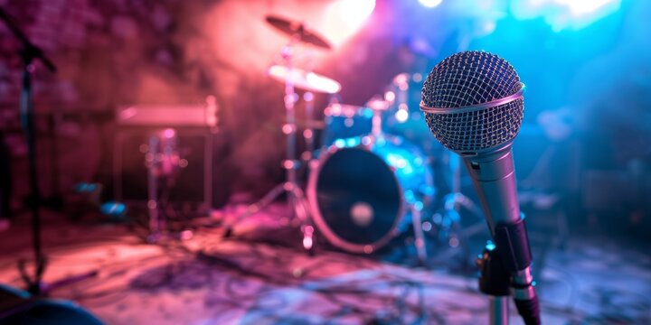 Close-up of Microphone on Stage with Blurred Drum Set and Lights - Perfect for Live Music Events