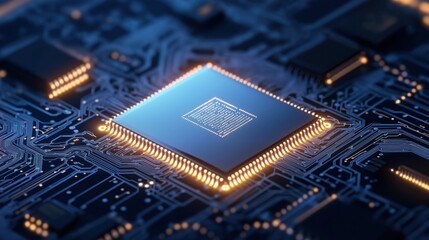 High-tech circuit board with glowing central processor chip. Futuristic digital banking, payment eco system. Innovative fintech concepts, blockchain innovation visualized. Modern tech advancements,