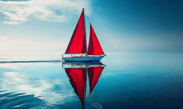 A red colored sailing boat in a river.