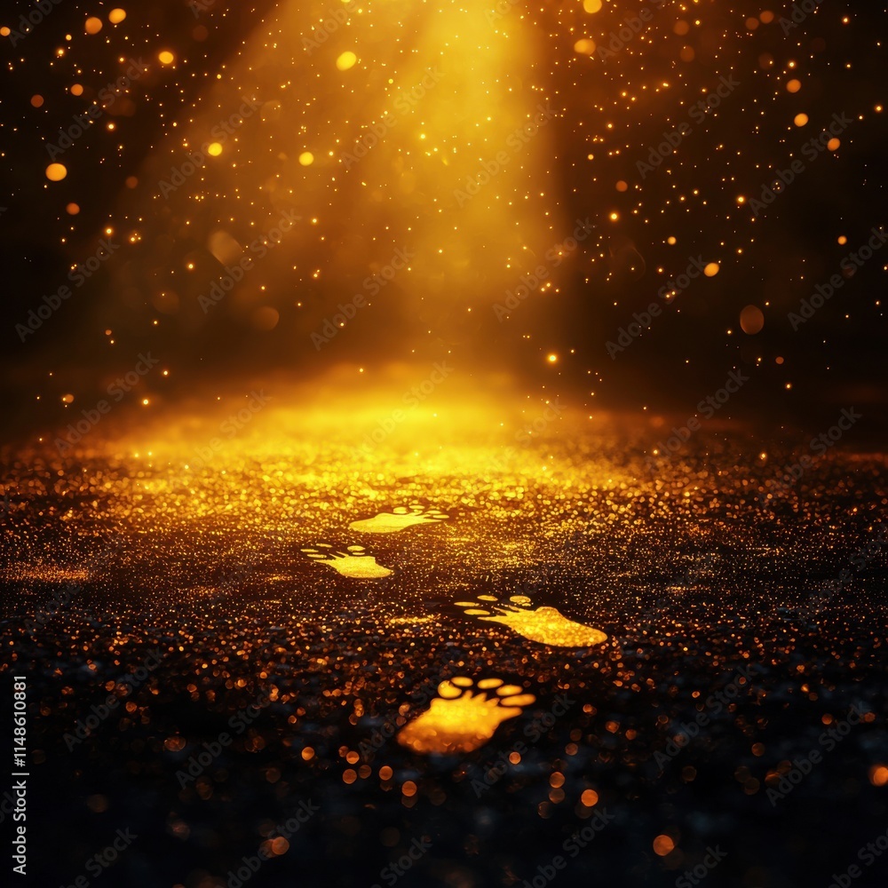 Aufkleber a mystical scene featuring glowing footprints in a shimmering golden atmosphere, illuminated by soft