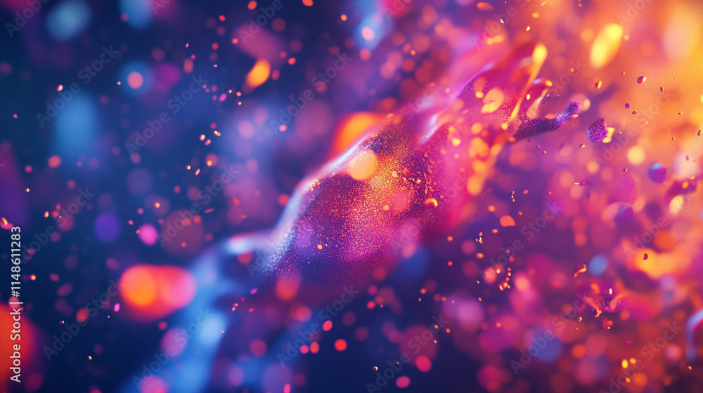 Poster vibrant abstract patterns of colorful particles floating in a digital space.