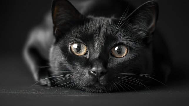 Close-up photo of black cat. Focus on expressive eyes. Cat looks directly at viewer. Dark background emphasizes feline features. Elegance, mystery of black cat. Image ideal for cat lovers. Suitable