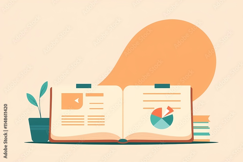 Aufkleber open book of insights: a conceptual illustration of an open book, revealing a pie chart and other in