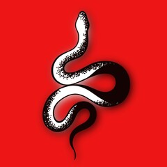 Tattoo snake on a red background. Traditional black dot style ink. Traditional Tattoo Old School Tattooing Style Ink. Snake silhouette illustration. 